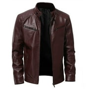 Juebong Dressy PU Leather Jacket for Boys for Men Open Front Cardigan Office Work Leather Plus Fleece Jacket, Motorcycle Jacket, Warm Leather Jacket, Red, M